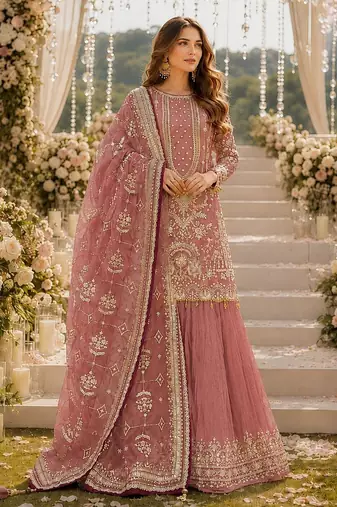 Pink faux georgette suit with embroidery & moti work