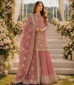 Pink faux georgette suit with embroidery & moti work