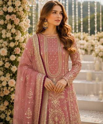 Pink faux georgette suit with embroidery & moti work 2