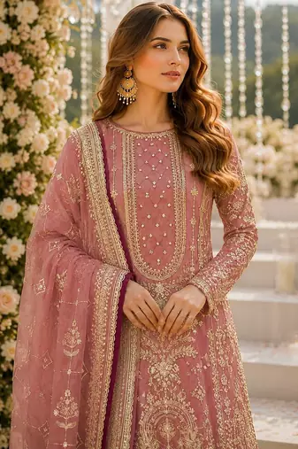 Pink faux georgette suit with embroidery & moti work