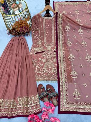 Pink faux georgette suit with embroidery & moti work 3