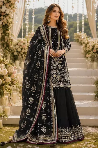 Black faux georgette suit with embroidery & moti work