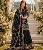 Black faux georgette suit with embroidery & moti work