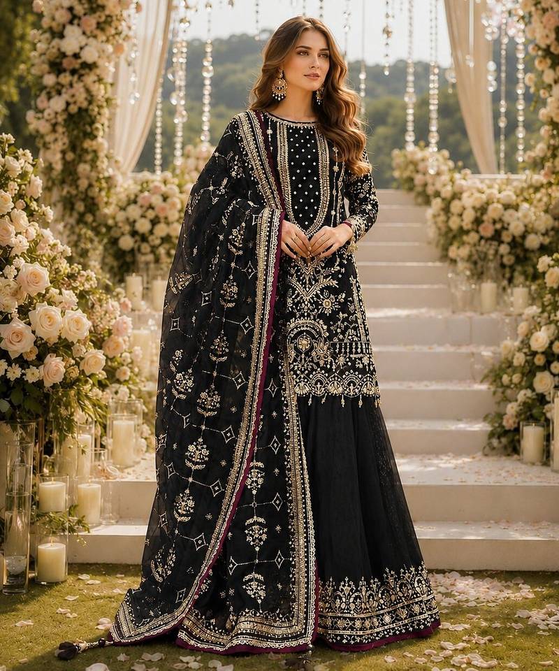 Black faux georgette suit with embroidery & moti work