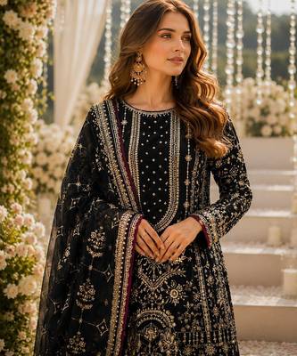 Black faux georgette suit with embroidery & moti work 2