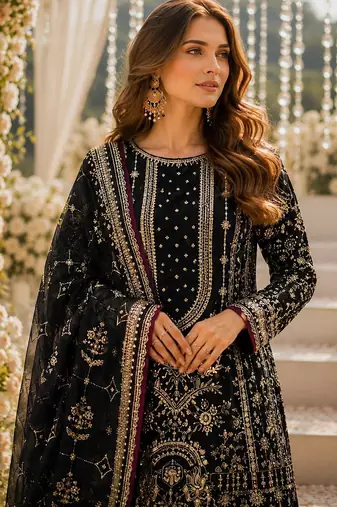 Black faux georgette suit with embroidery & moti work