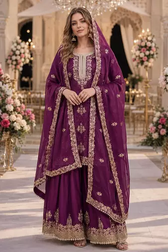 Purple silk suit with embroidery & diamond work
