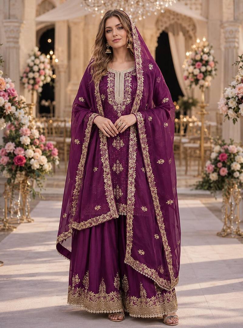 Purple silk suit with embroidery & diamond work