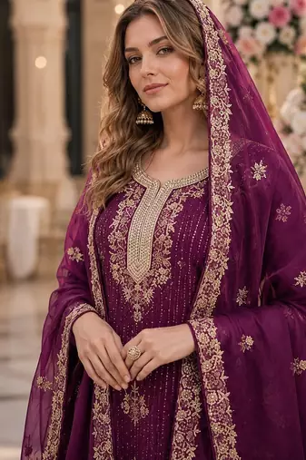 Purple silk suit with embroidery & diamond work