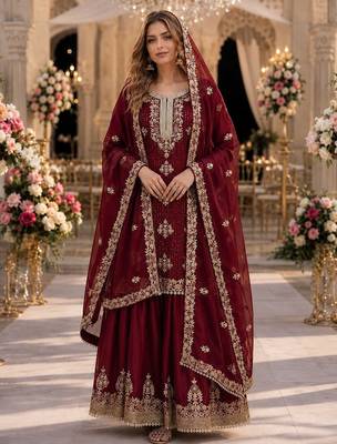 Maroon silk suit with embroidery & diamond work 1