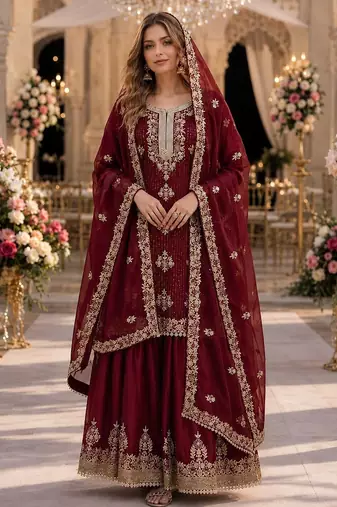 Maroon silk suit with embroidery & diamond work