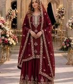 Maroon silk suit with embroidery & diamond work