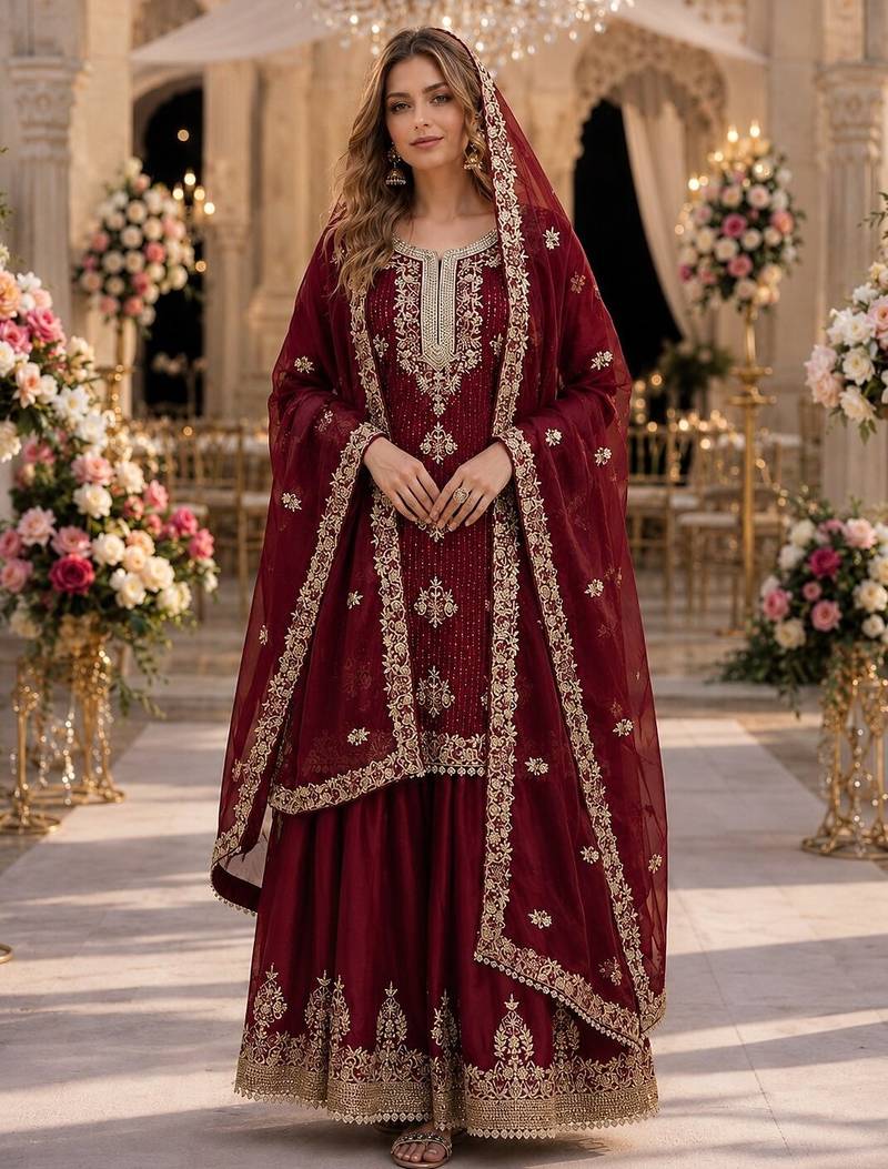 Maroon silk suit with embroidery & diamond work