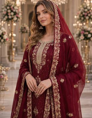 Maroon silk suit with embroidery & diamond work 2