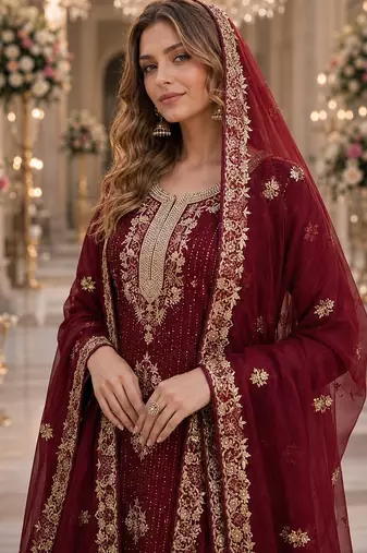 Maroon silk suit with embroidery & diamond work