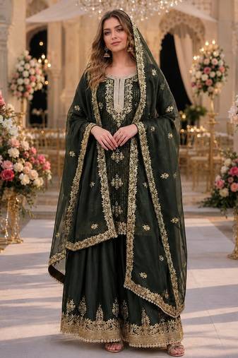 Mehendi silk suit with embroidery & diamond work