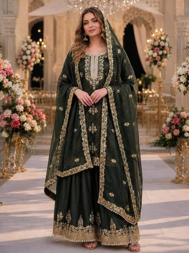 Mehendi silk suit with embroidery & diamond work