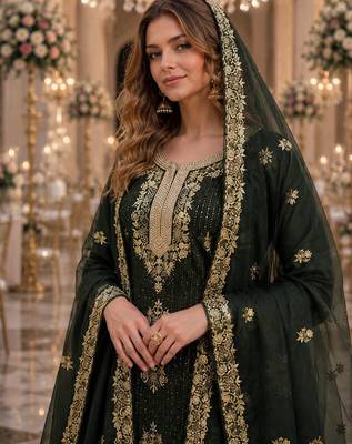 Mehendi silk suit with embroidery & diamond work 2