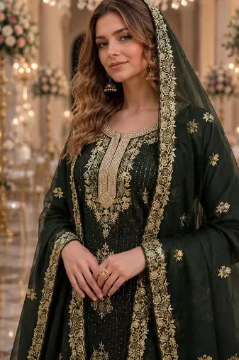 Mehendi silk suit with embroidery & diamond work