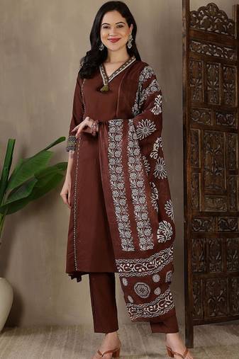 Women's Brown Printed Kurta Pant Set with Printed Dupatta