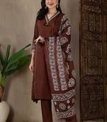 Women's Brown Printed Kurta Pant Set with Printed Dupatta