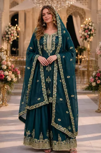 Teal blue silk suit with embroidery & diamond work