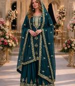 Teal blue silk suit with embroidery & diamond work