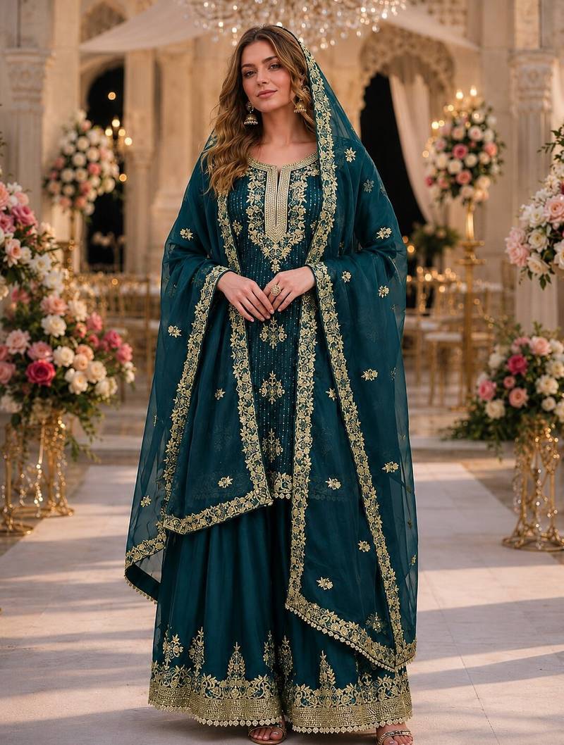 Teal blue silk suit with embroidery & diamond work