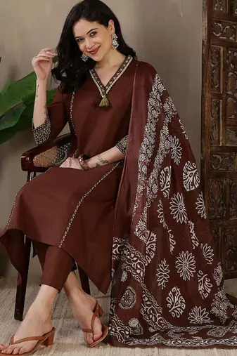 Women's Brown Printed Kurta Pant Set with Printed Dupatta