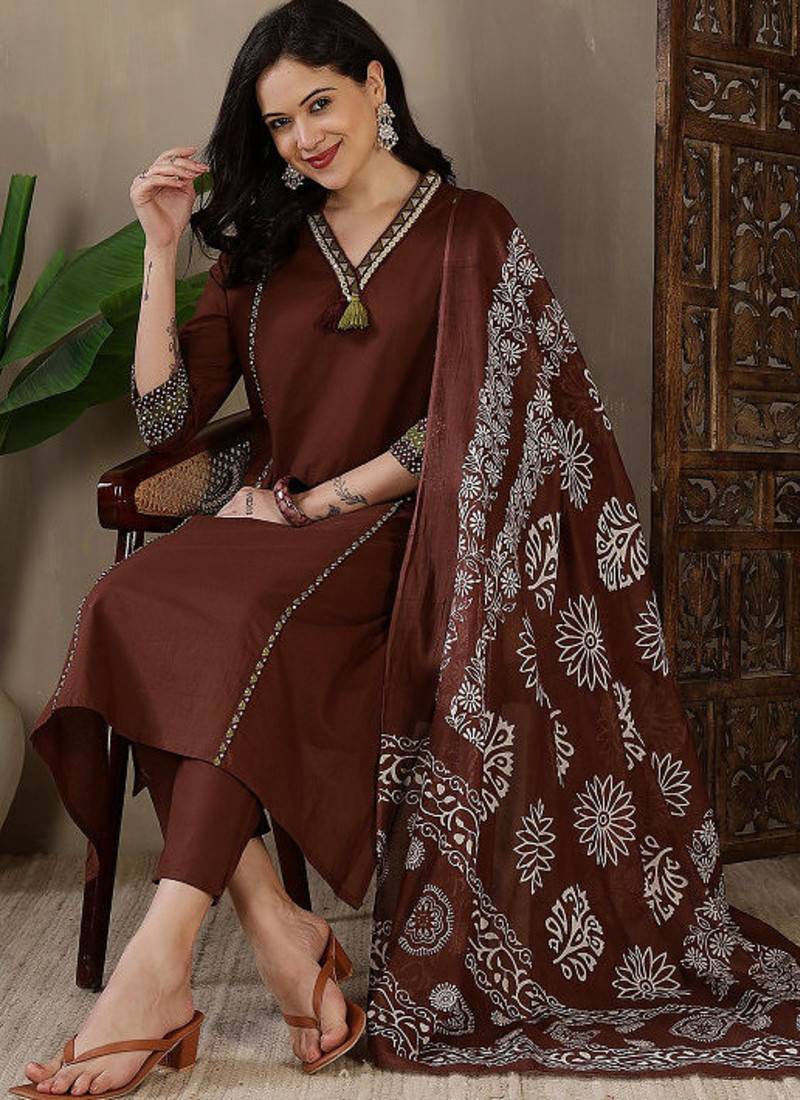 Women's Brown Printed Kurta Pant Set with Printed Dupatta