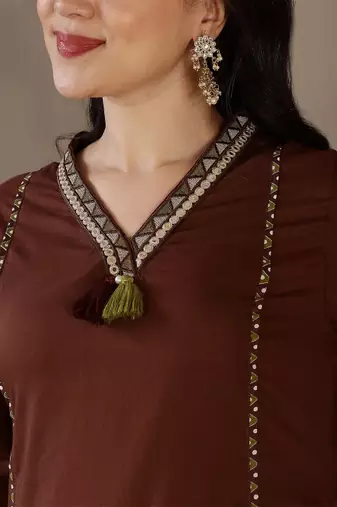 Women's Brown Printed Kurta Pant Set with Printed Dupatta