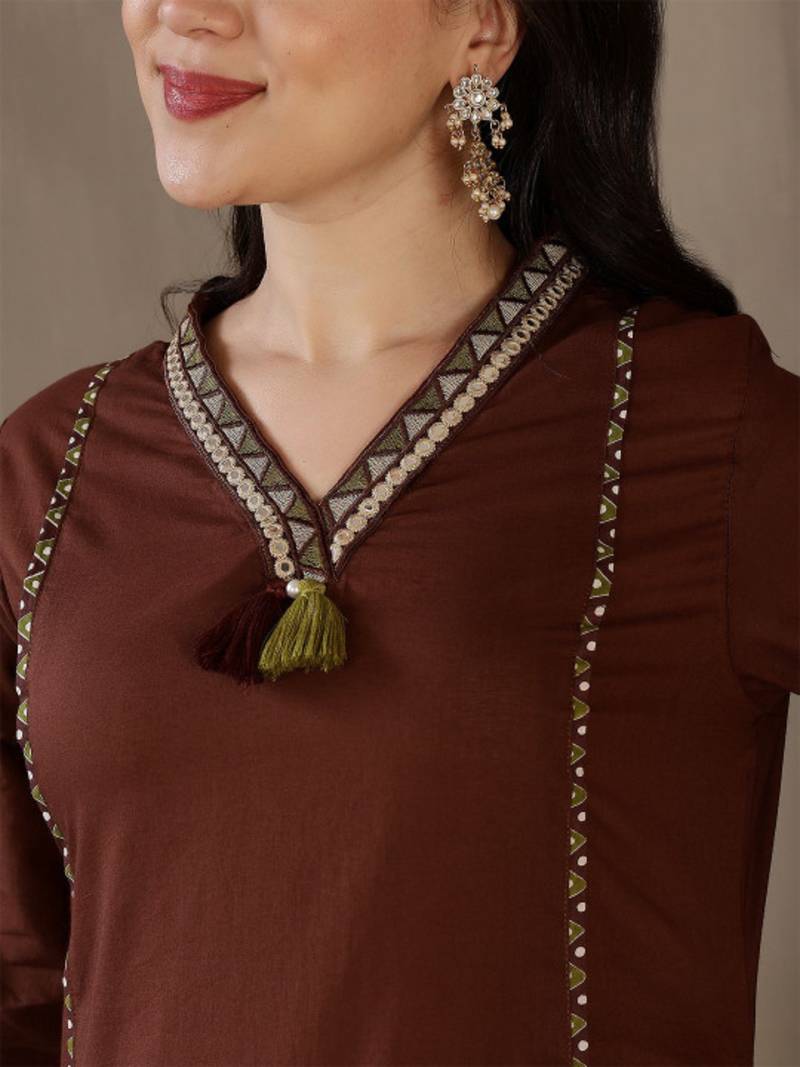 Women's Brown Printed Kurta Pant Set with Printed Dupatta