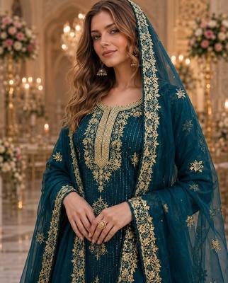 Teal blue silk suit with embroidery & diamond work 2