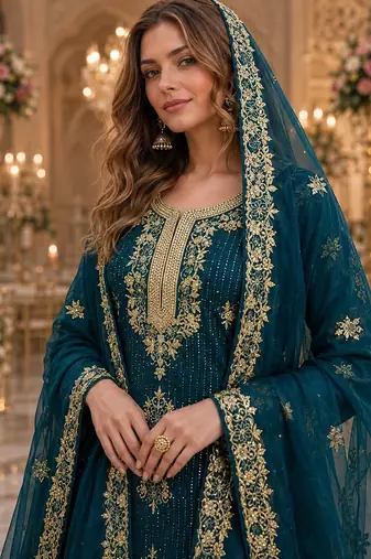 Teal blue silk suit with embroidery & diamond work