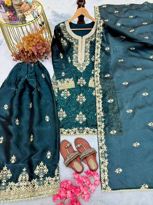 Teal blue silk suit with embroidery & diamond work 3