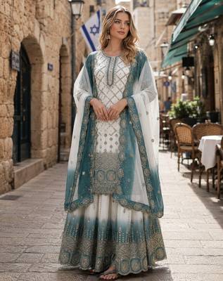 Blue & white georgette suit with embroidery & sequin work 1