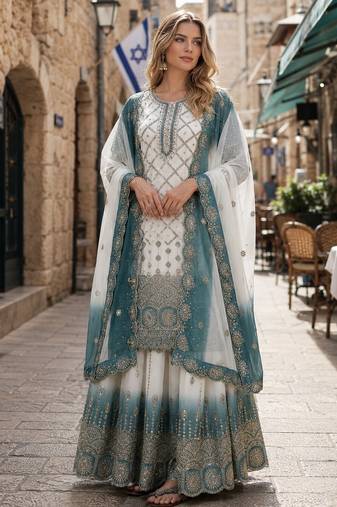 Blue & white georgette suit with embroidery & sequin work