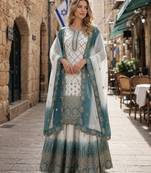 Blue & white georgette suit with embroidery & sequin work