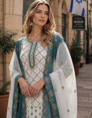 Blue & white georgette suit with embroidery & sequin work 2