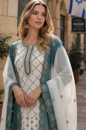 Blue & white georgette suit with embroidery & sequin work