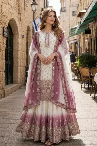 Purple & white georgette suit with embroidery & sequin work