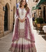 Purple & white georgette suit with embroidery & sequin work