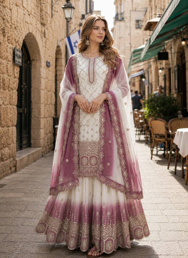 Purple & white georgette suit with embroidery & sequin work