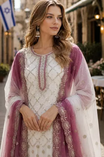 Purple & white georgette suit with embroidery & sequin work