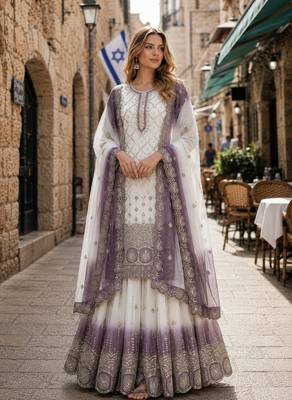 Lavender & white georgette suit with embroidery & sequin work 1