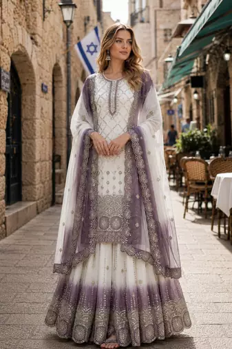 Lavender & white georgette suit with embroidery & sequin work
