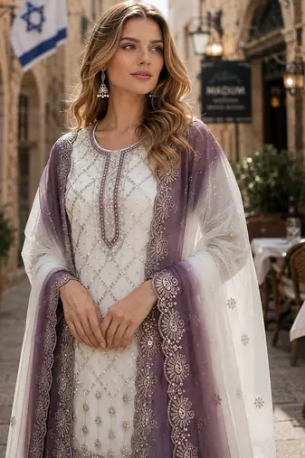 Lavender & white georgette suit with embroidery & sequin work