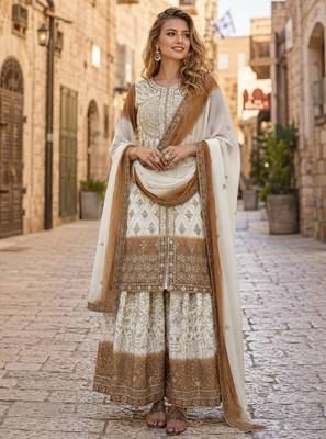 Brown & white georgette suit with embroidery & sequin work 1