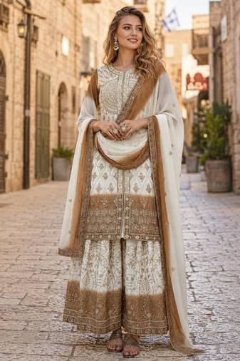 Brown & white georgette suit with embroidery & sequin work