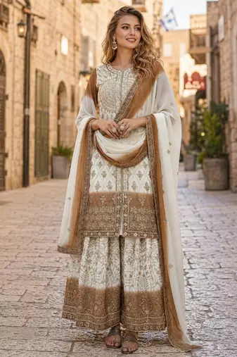 Brown & white georgette suit with embroidery & sequin work
